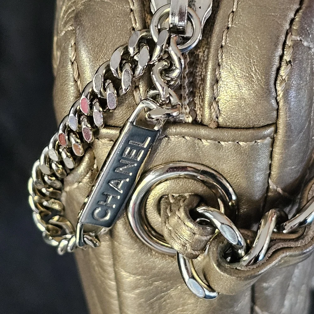 Chanel Vintage Metallic Aged Calfskin Quilted Cotton Club Pochette in Gold - Picture 11 of 16